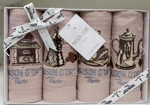 Комплект Полотенец Maison D`or Coffee Dor Pembe, Розовый, Вафельное полотно, Махра, С вышивкой, Фирменная упаковка, Сет 4шт. 30х50см, Турция