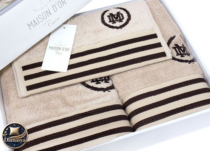 Комплект Рушників Maison D`or Delon Beige, Бежевий, 100% Бавовна, З вишивкою, Фірмова упаковка, Сет 3шт: 70х140см; 50х100см; 30х50см, Туреччина