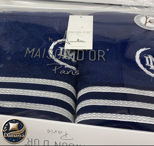 Комплект Рушників Maison D`or Delon Blue White, Синій, 100% Бавовна, З вишивкою, Фірмова упаковка, Сет 3шт: 70х140см; 50х100см; 30х50см, Туреччина