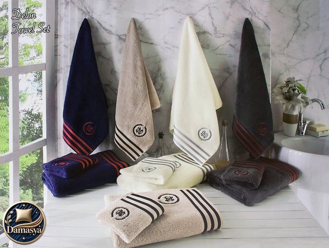 Комплект Рушників Maison D`or Delon Blue White, Синій, 100% Бавовна, З вишивкою, Фірмова упаковка, Сет 3шт: 70х140см; 50х100см; 30х50см, Туреччина