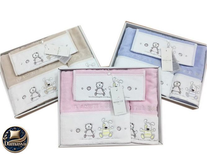 Детские Полотенца Maison D`or Lamite Blue, Голубой, Хлопок, Махровый, С вышивкой, Фирменная упаковка, Сет 30х50см; 50х70 см; 70х130 см, Турция