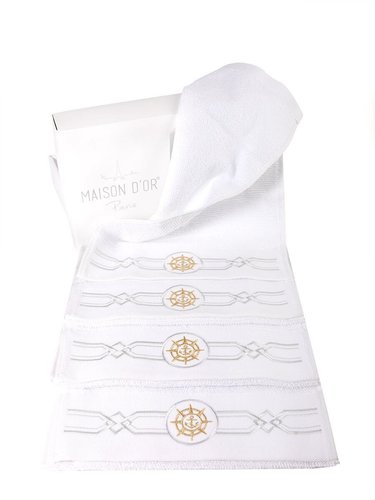 Комплект Полотенец Maison D`or Elegance Marine White, Белый, Хлопок, Махровый, С вышивкой, Фирменная упаковка, Сет 4шт. 30х50см, Турция