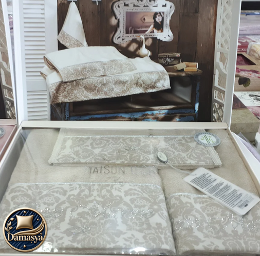 Комплект Полотенец Maison D`or Rose Marin Set Dark Beige, Бежевый, Бамбук 50%, Хлопок 50%, Жаккардовые узоры, Фирменная упаковка, Сет 3шт: 75х150см; 50х100см; 30х50см, Турция