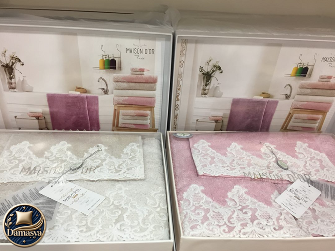 Комплект Рушників Maison D`or Jasmin Pink , Рожевий, Бамбук 100%, З мереживом, Фірмова упаковка, Сет 3шт: 85х150см; 50х100см; 30х50см, Туреччина