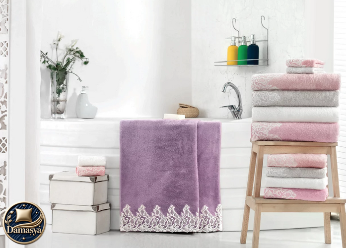 Комплект Рушників Maison D`or Jasmin Pink , Рожевий, Бамбук 100%, З мереживом, Фірмова упаковка, Сет 3шт: 85х150см; 50х100см; 30х50см, Туреччина