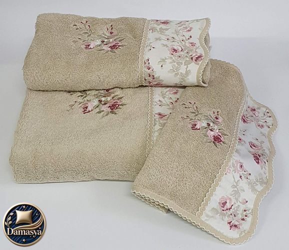 Комплект Полотенец Maison D`or Lady Roses Beige, Бежевый, 100% Хлопок, С вышивкой, Хлопок 100%, Фирменная упаковка, Сет 3шт: 85х150см; 50х100см; 30х50см, Турция