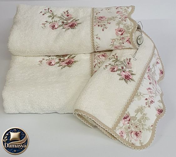Комплект Полотенец Maison D`or Lady Roses Cream, Кремовый, 100% Хлопок, С вышивкой, Хлопок 100%, Фирменная упаковка, Сет 3шт: 85х150см; 50х100см; 30х50см, Турция