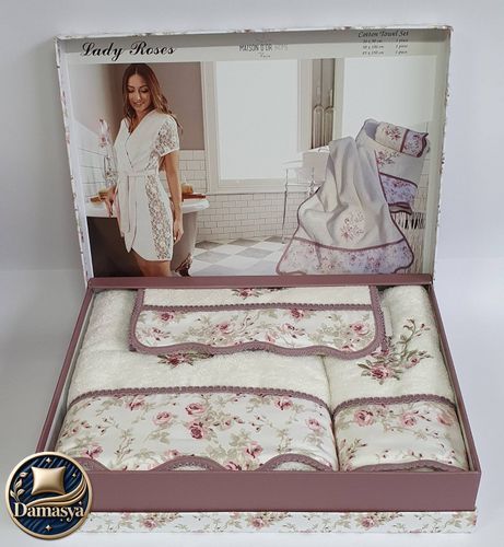Комплект Рушників Maison D`or Lady Roses Milky, Молочний, 100% Бавовна, З вишивкою, Бавовна 100%, Фірмова упаковка, Сет 3шт: 85х150см; 50х100см; 30х50см, Туреччина