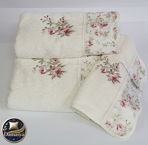 Комплект Полотенец Maison D`or Lady Roses Milky Way, Молочный, 100% Хлопок, С вышивкой, Хлопок 100%, Фирменная упаковка, Сет 3шт: 85х150см; 50х100см; 30х50см, Турция