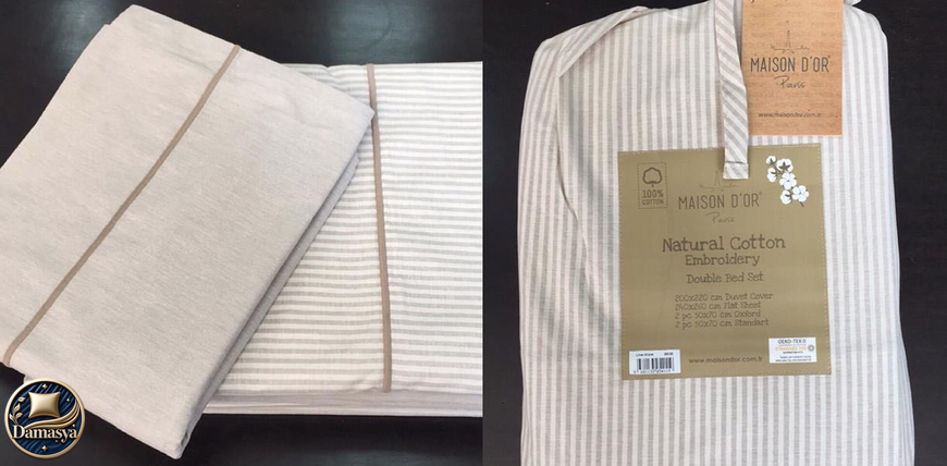 Комплект Постельного белья Maison D`or Lines Stripes Beige, Универсальный, Европейский, На пуговицах, 200х220 см 1шт;, 240х260 см 1шт;, 50х70 см 4шт;, 100% Хлопок, Полосы, Фирменная упаковка, Турция